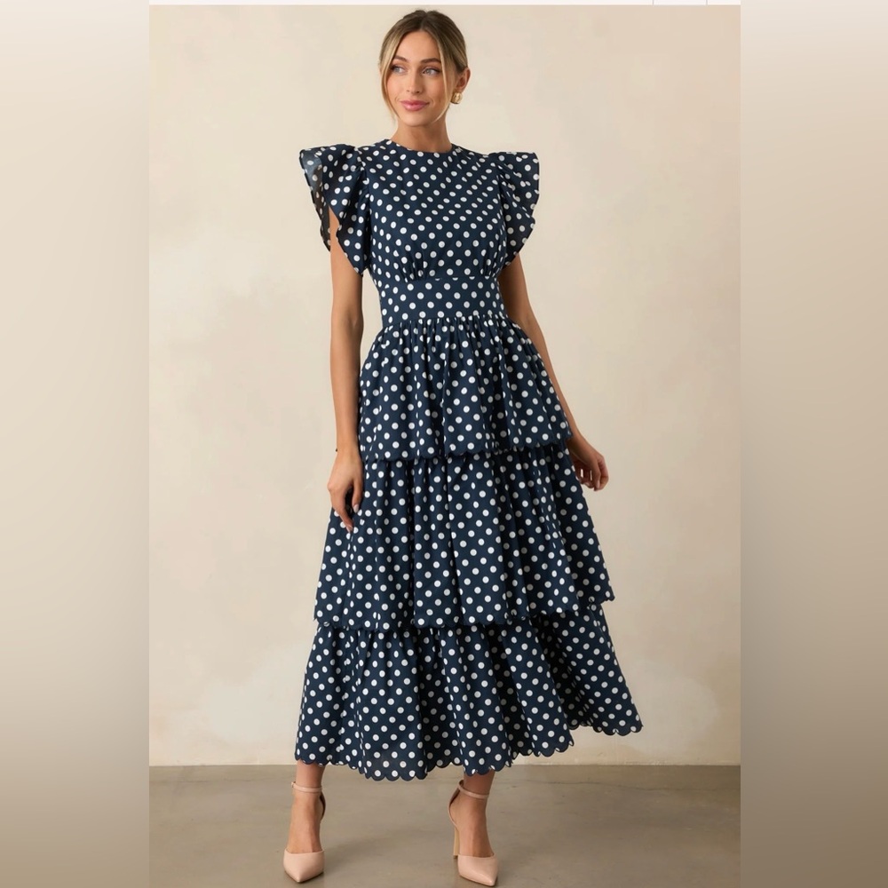 Navy Polka Dot Tiered Maxi Dress with Flutter Sleeves